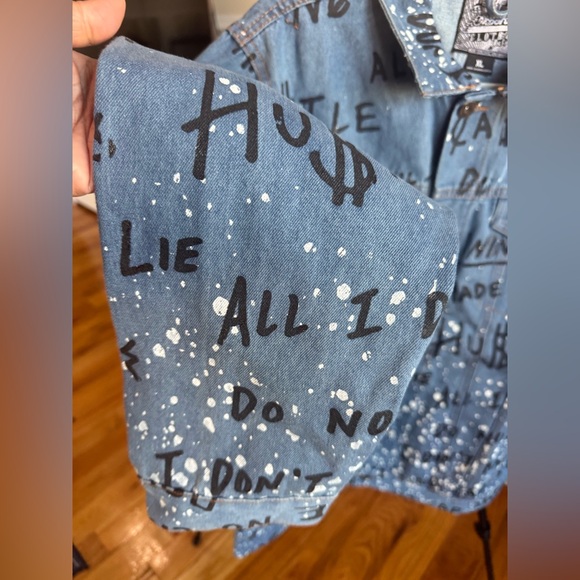 Brooklyn Cloth Blue Denim Jacket Black Graffiti Style text&white paint splatter - Picture 3 of 11